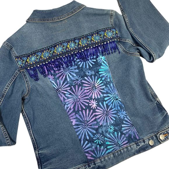 Boho Artisan Denim Jacket Embellished Beaded Floral Artsy Chic Country Glam - Picture 2 of 13